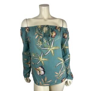 NEW Roxy Floral Print Off Shoulder Top Size S Long Sleeve Green Tie Front Small